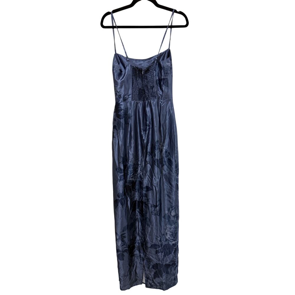 New Reformation Frankie Floral Silk Maxi Dress Trieste Border Blue - Picture 3 of 4